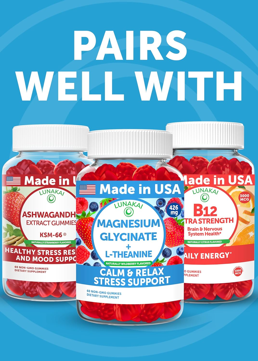 Lunakai Calm & Stress Relief Gummies – GABA + L-Theanine Supplement for Adults & Children – 60 Gummies - görsel 8