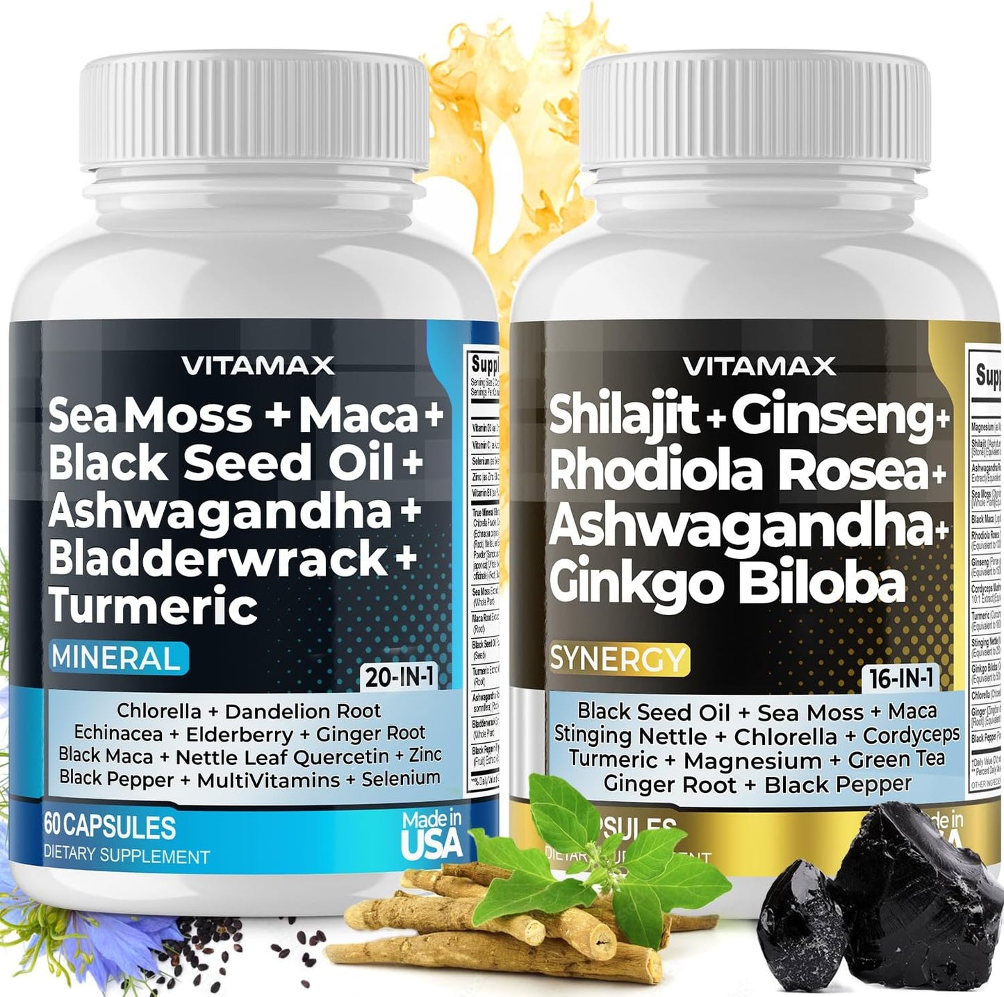 Vitamax Pure Himalayan Shilajit Supplement with Sea Moss, Ashwagandha, Bladderwrack, Ginkgo Biloba, Organic Capsules – Non-GMO, Vegan – Men and Women – Made in USA - görsel 1