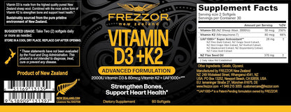 FREZZOR Vitamin D3 and K2 – High Strength D3 2000IU + K2 (MK-7) 80mcg for Bone and Heart Health, 240 Softgel Capsules