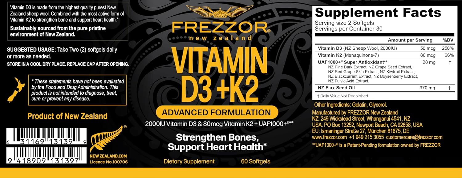 FREZZOR Vitamin D3 and K2 - High Strength D3 2000 IU + K2 MK-7 80 mcg - 240 Softgels (4 Months' Supply) - görsel 2