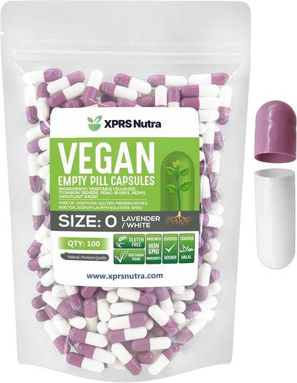 XPRS Nutra Size 0 Empty Vegan Capsules - 100 Capsules (Lavender/White)