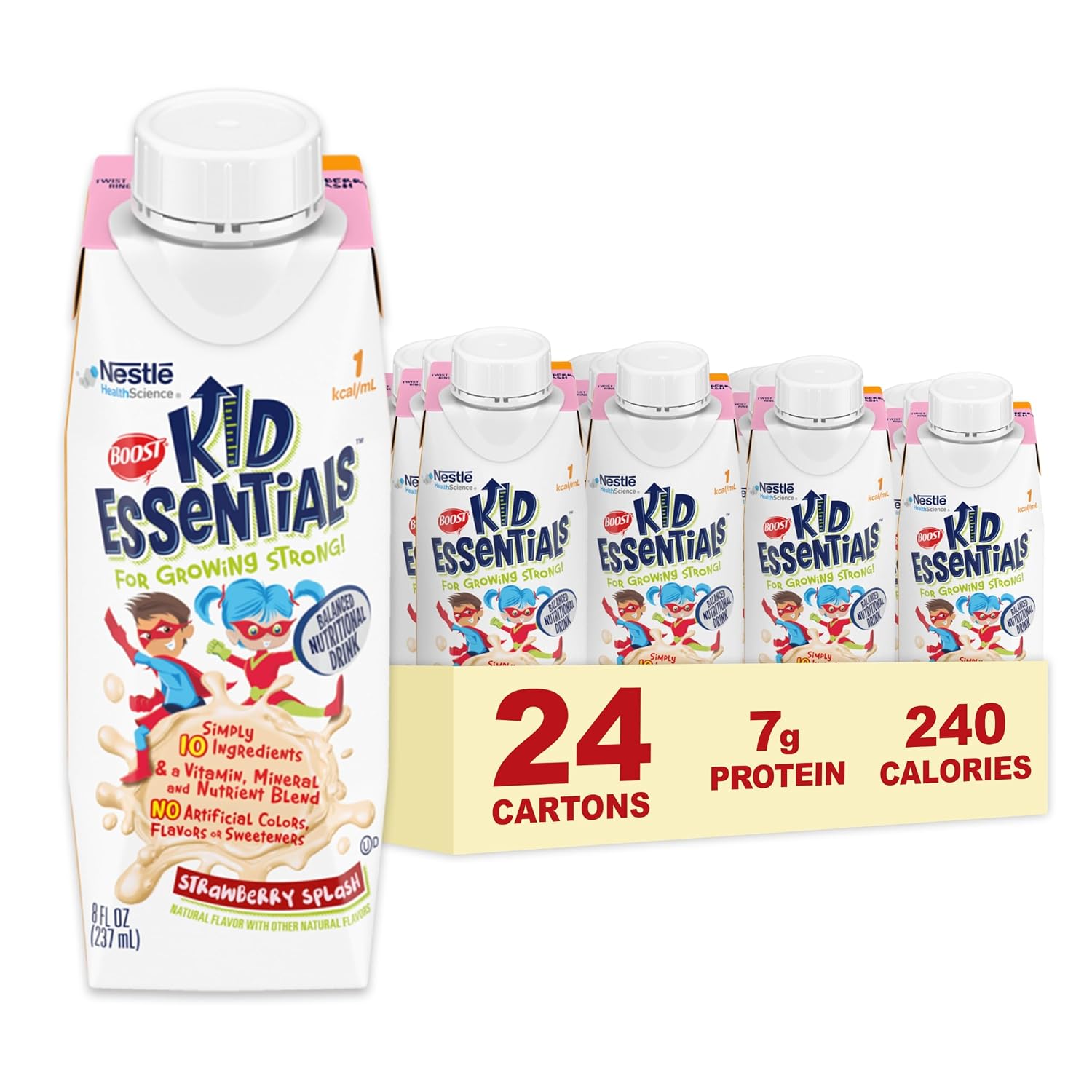 BOOST Kid Essentials 1.0kcal Balanced Nutritional Drink for Kids, Strawberry Splash, 237 ml (Pack of 24) - görsel 1
