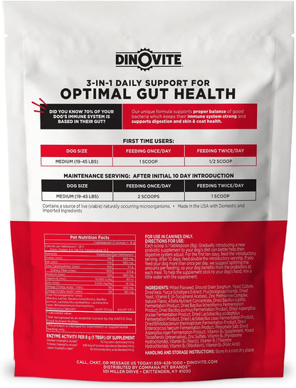 Dinovite Probiotics for Dogs, Probiotic Powder Food Topper for Medium Dogs (8–20 kg), Daily Digestive Health & Skin Support with Omega-3, 30 Servings