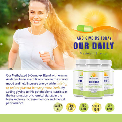 Our Daily Vites L-Methylfolate B Complex - Active Folate, Methylcobalamin, B6, Glycine - 60 Capsules