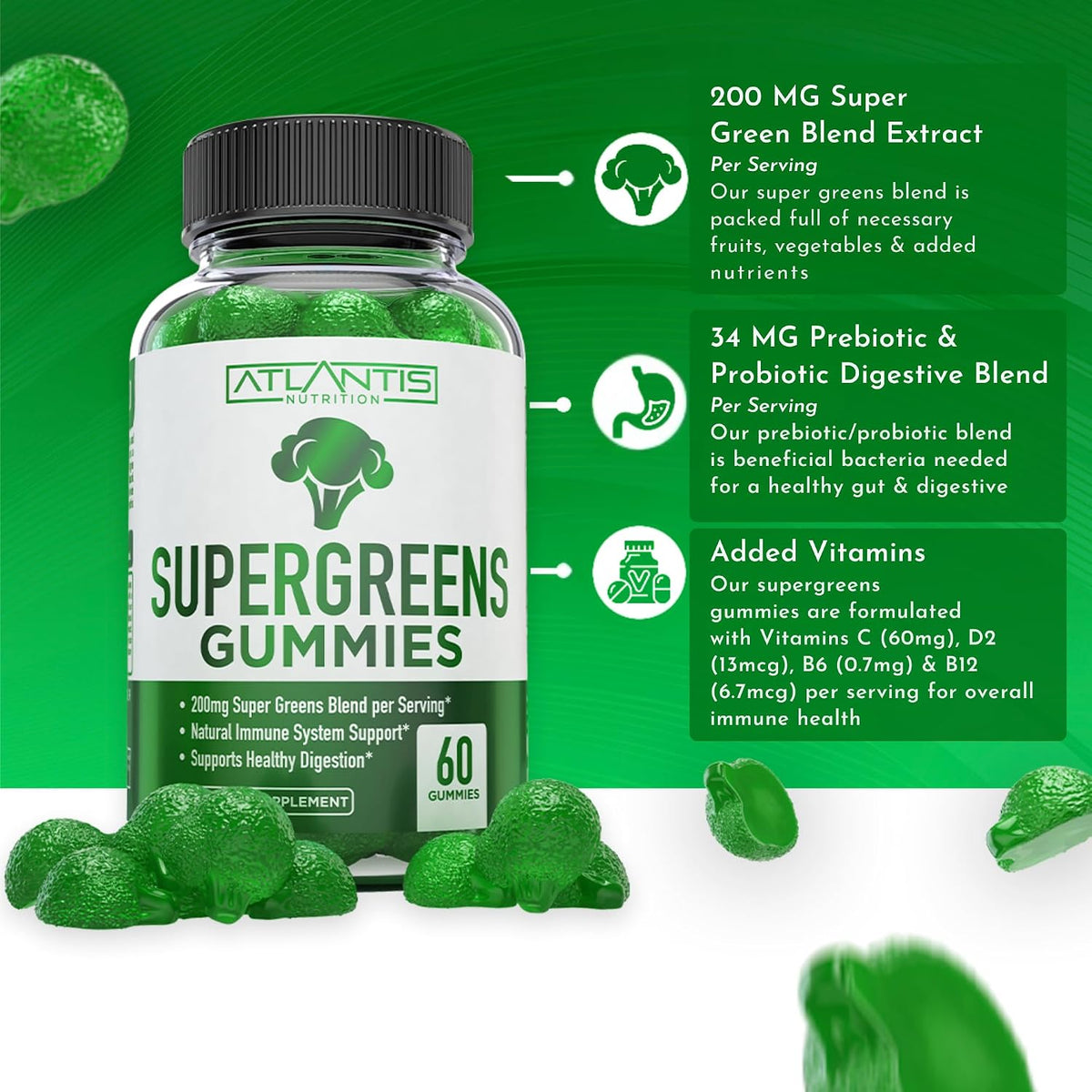 Atlantis Nutrition Supergreens Gummies - Daily Green Superfoods Supplement for Immunity Support, Natural Raspberry Flavour, 60 Gummies - görsel 3