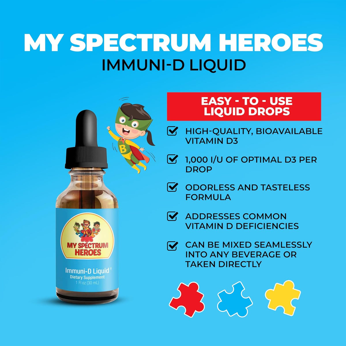 My Spectrum Heroes Immuni-D Liquid Vitamin D3 Supplement, 1000 IU, Gluten-Free, Tasteless, 30 ml - görsel 2
