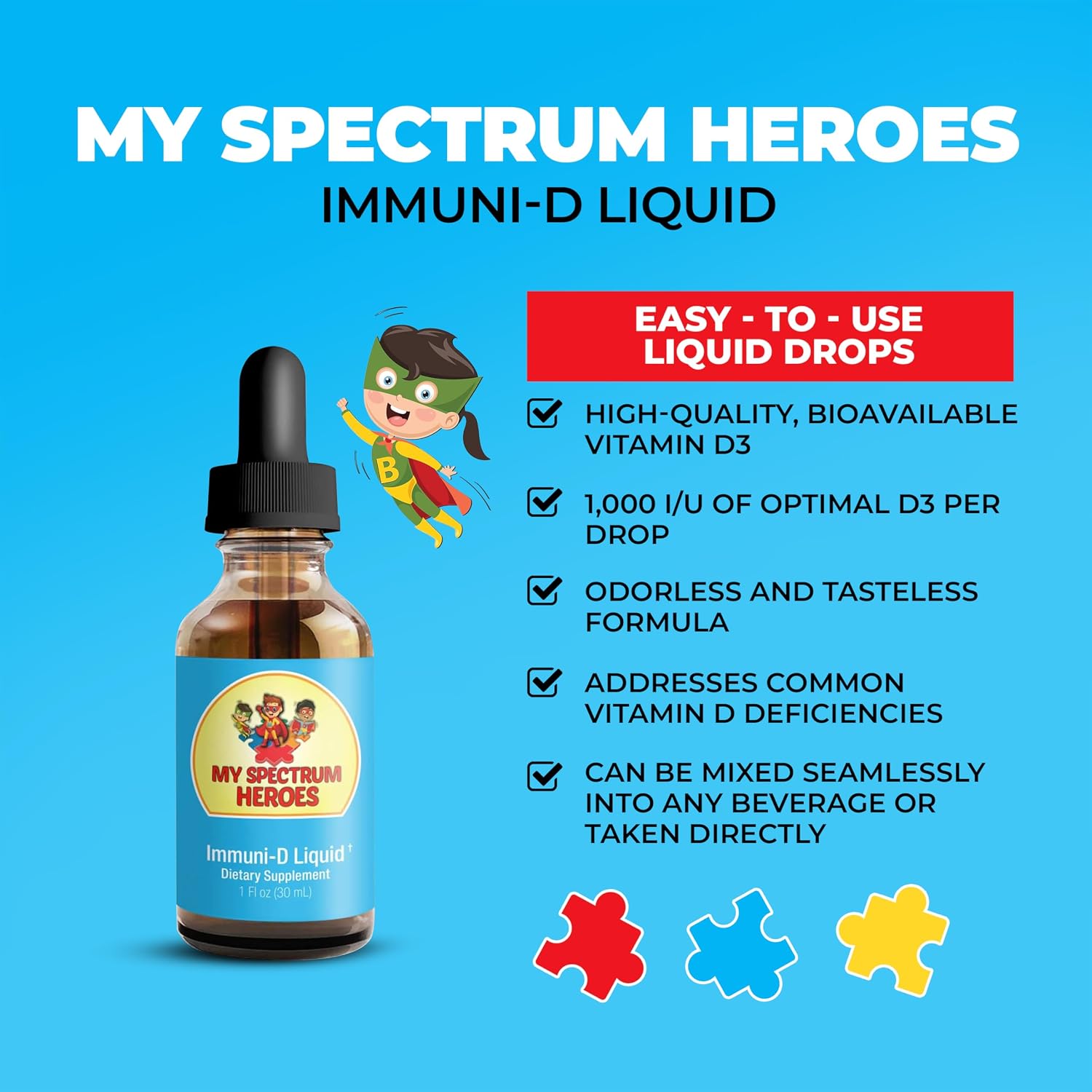 My Spectrum Heroes Immuni-D Liquid Vitamin D3 Supplement, 1000 IU, Gluten-Free, Tasteless, 30 ml - görsel 2
