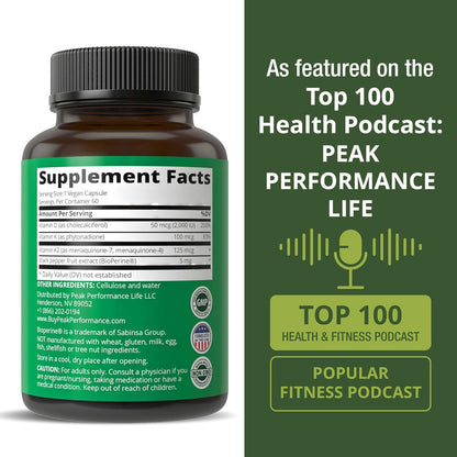 Peak Performance Complete Vitamin D3 & K2 2000 IU with All 3 Types of Vitamin K – 60 Capsules