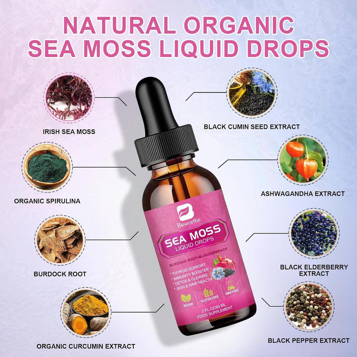 B BEWORTHS Sea Moss & Black Seed Oil Liquid Drops with Irish Sea Moss, Burdock Root, Bladderwrack, Elderberry, Spirulina - 120 ml, Vegan - görsel 2