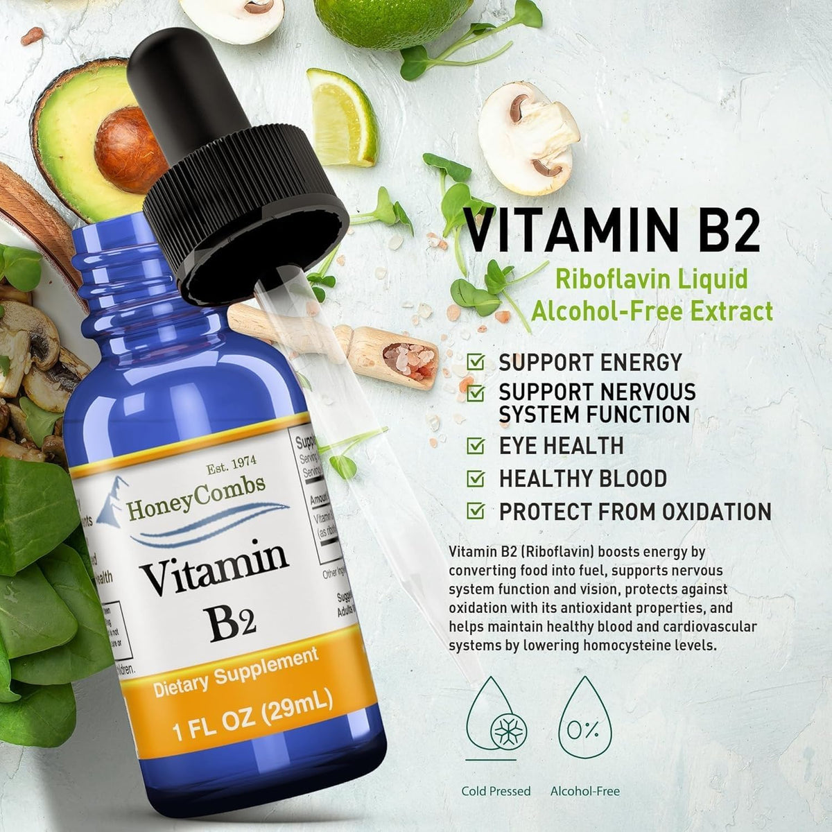 HoneyCombs Vitamin B2 Liquid Drops – High Potency Riboflavin Supplement – Alcohol Free, Vegan – 30 ml - görsel 4