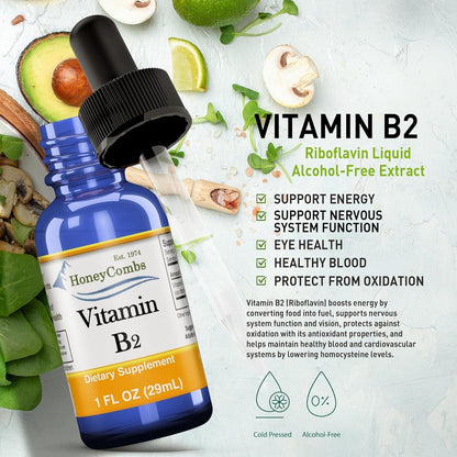 HoneyCombs Vitamin B2 Liquid Drops – High Potency Riboflavin Supplement – Alcohol Free, Vegan – 30 ml