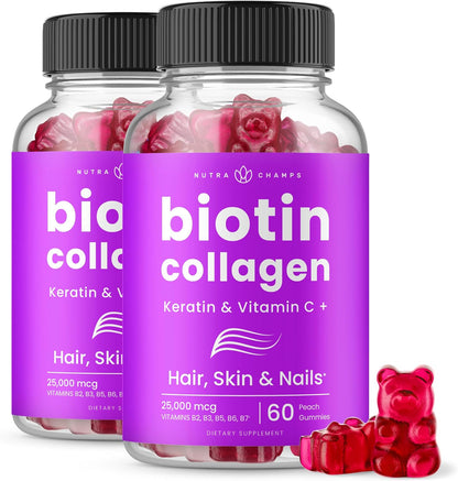 NutraChamps Biotin Gummies 5000mcg with Collagen, Keratin & More – Hair, Skin and Nails Vitamins for Women & Men – Contributes to Normal Hair – Enhanced with Vitamin C, D3, Zinc (Pack of 2)