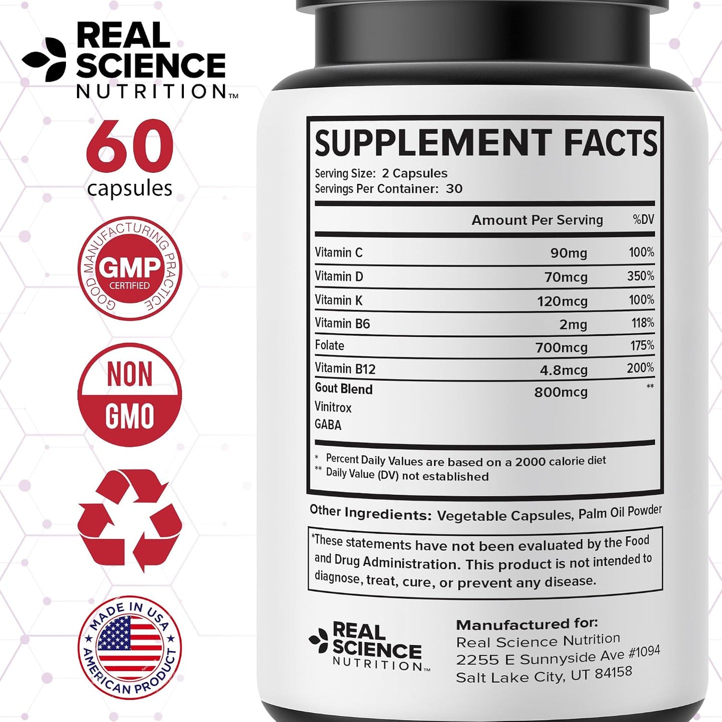 Real Science Gou-Tex – All Natural Gout Supplements & Uric Acid Support for Mobility and Flexibility – Includes Vinitrox & GABA for Circulation and Joint Support, Made in USA – 60 Capsules - görsel 7