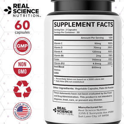 Real Science Gou-Tex – All Natural Gout Supplements & Uric Acid Support for Mobility and Flexibility – Includes Vinitrox & GABA for Circulation and Joint Support, Made in USA – 60 Capsules