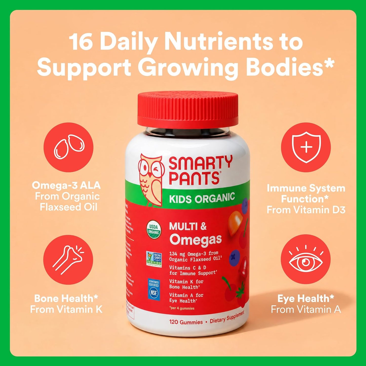 SmartyPants Organic Kids Multivitamin Gummies with Omega 3, Beta Carotene, Vitamins B12, B6, A, K & Zinc – 120 Gummies (30 Day Supply) - görsel 2