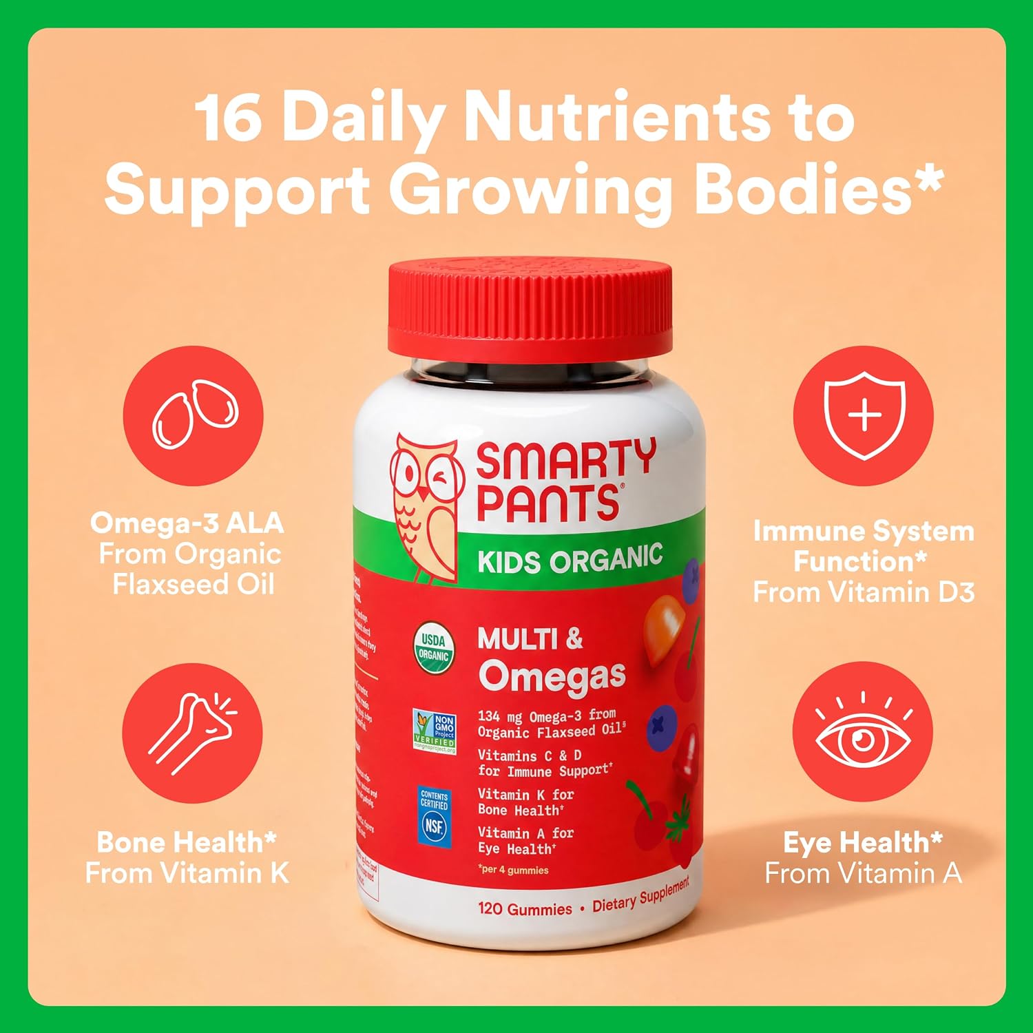 SmartyPants Organic Kids Multivitamin Gummies with Omega 3, Beta Carotene, Vitamins B12, B6, A, K & Zinc – 120 Gummies (30 Day Supply) - görsel 2