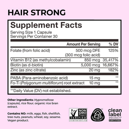 HUM Hair Strong Daily Hair Support Supplement with Biotin, Zinc, and Fo-Ti – 30 Capsules