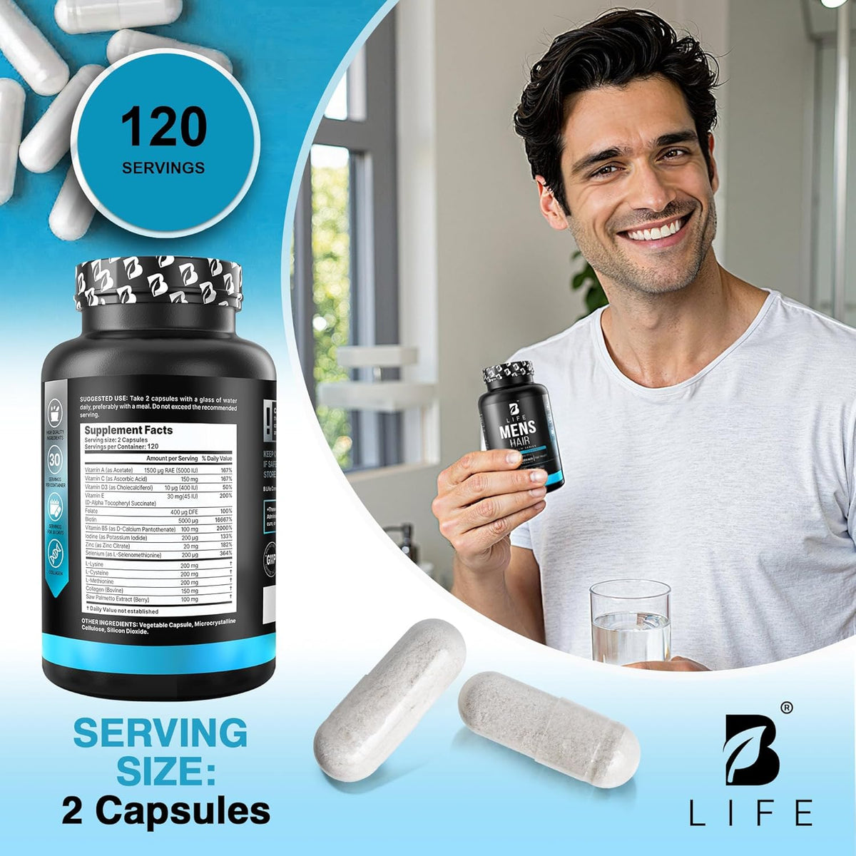B Life Company Men's Hair Growth Food Supplement with Biotin & Collagen - 240 Capsules - görsel 5