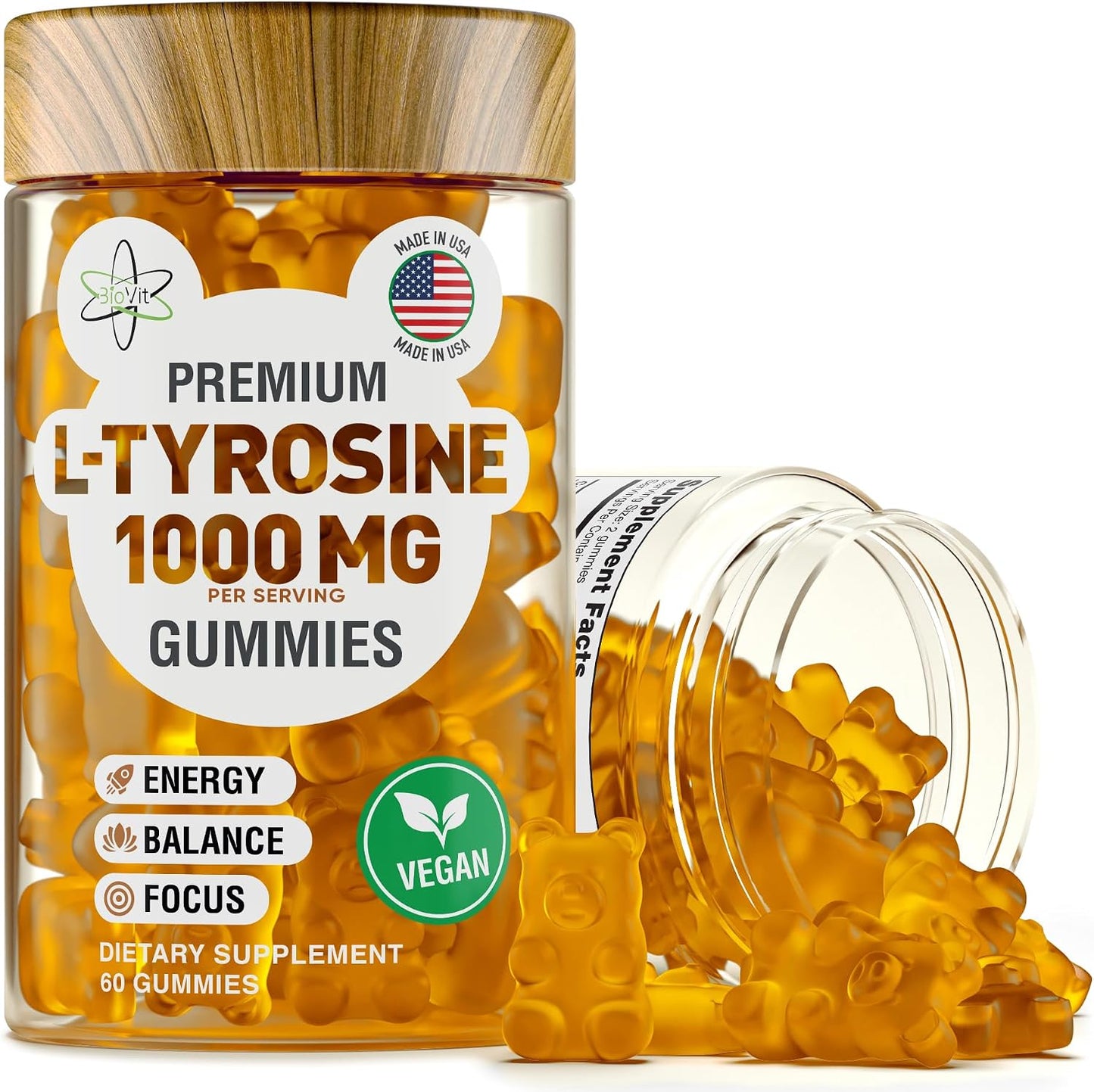 BioVit L-Tyrosine Gummies - 1000mg per Serving, 60 Vegan Gummies - görsel 1