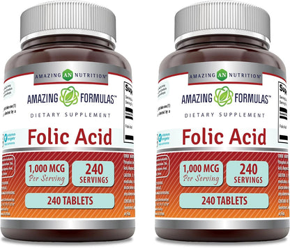 Amazing Formulae Folic Acid 1000 mcg (1 mg) Tablets, 240 Tablets (3 Pack)
