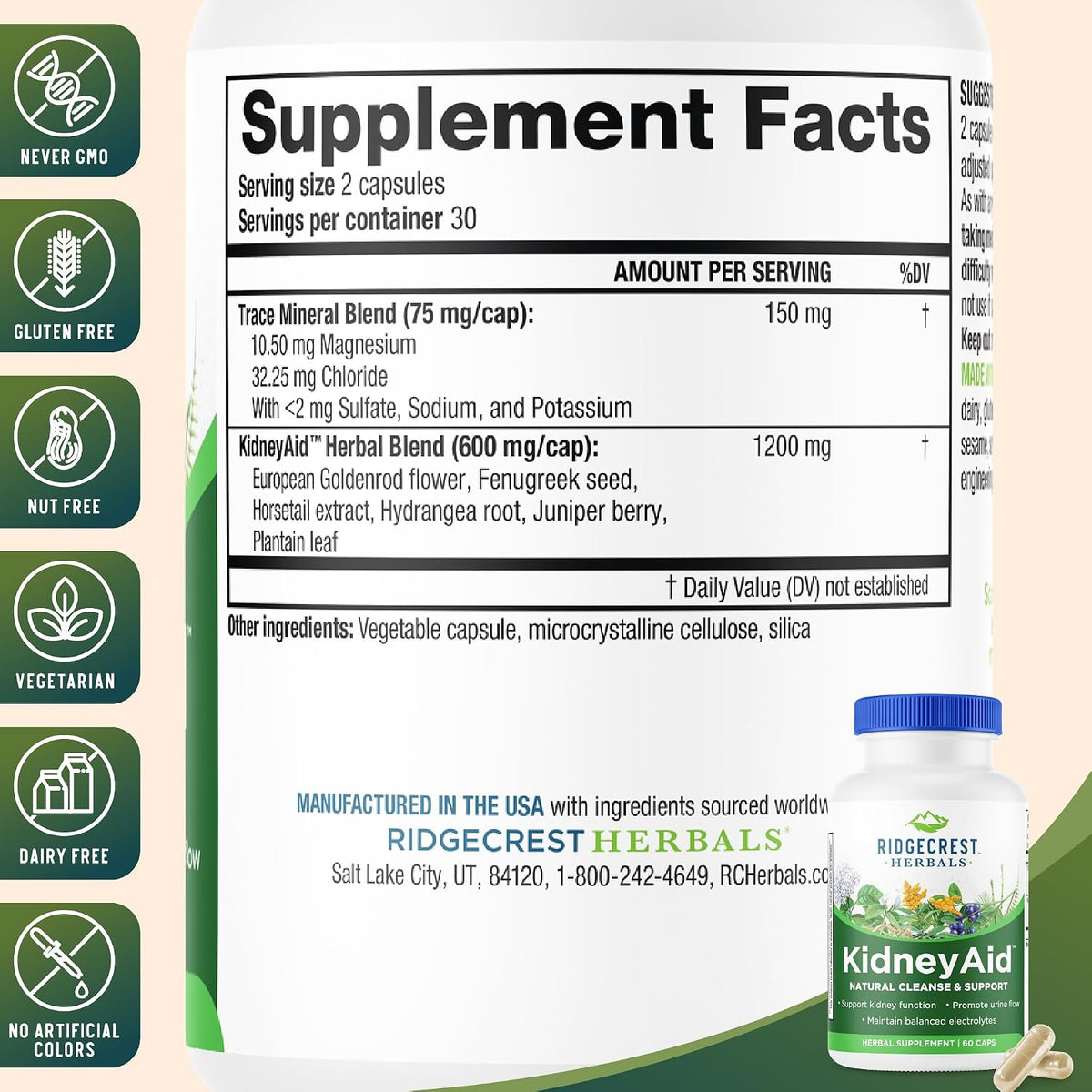 RidgeCrest Herbals KidneyAid, Kidney Health Support Supplement, 60 Capsules - görsel 3