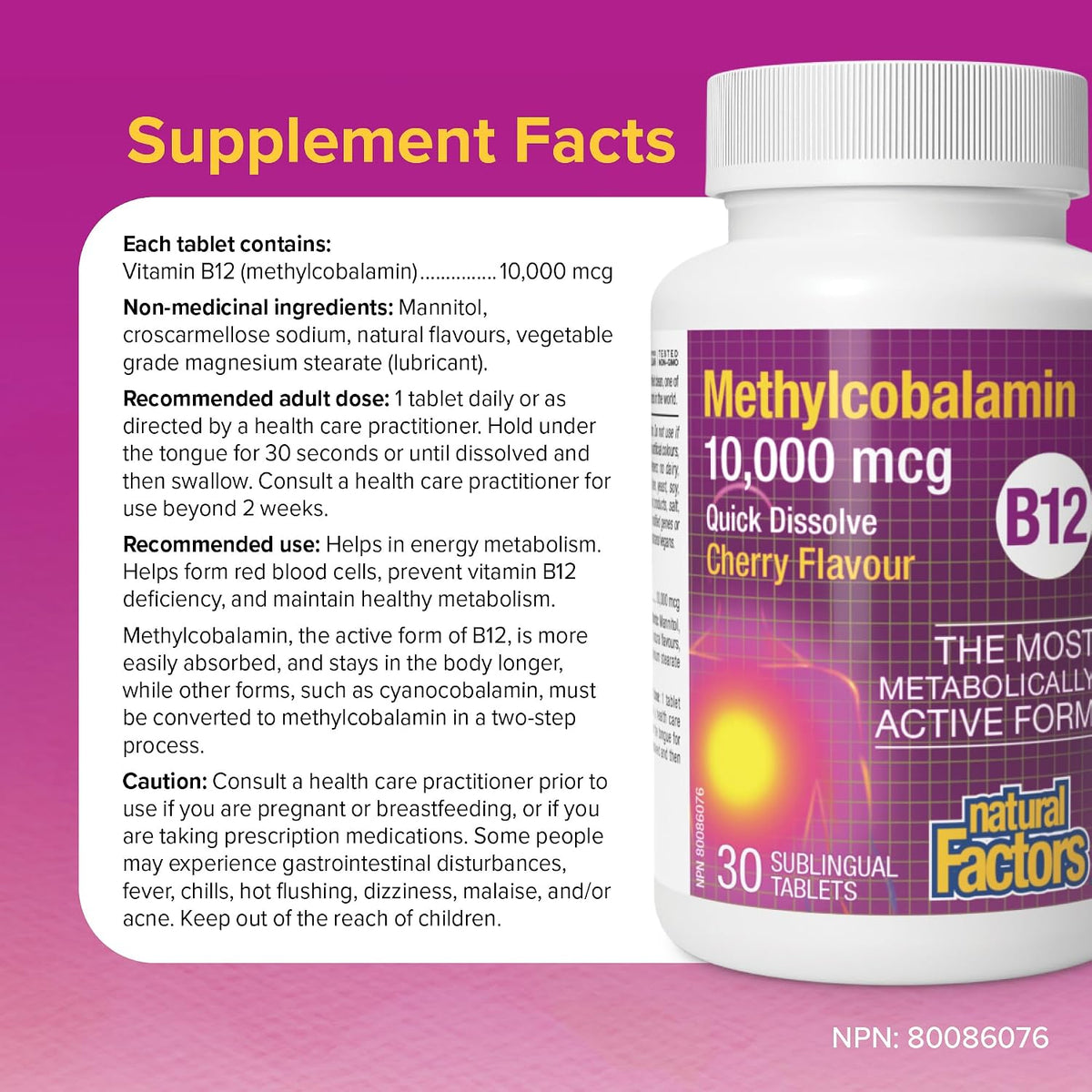 Natural Factors Methylcobalamin 10,000 mcg - Vitamin B12 Supplement - Metabolically Active Form - 30 Chewable Tablets - görsel 4