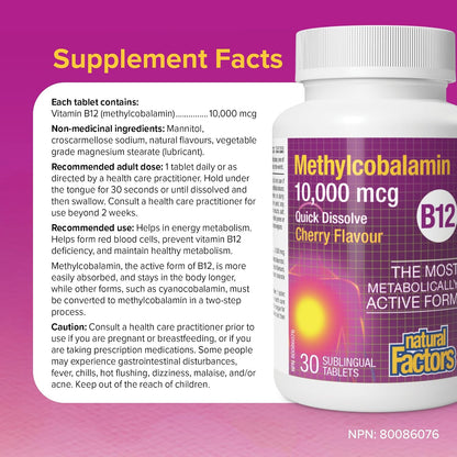 Natural Factors Methylcobalamin 10,000 mcg - Vitamin B12 Supplement - Metabolically Active Form - 30 Chewable Tablets
