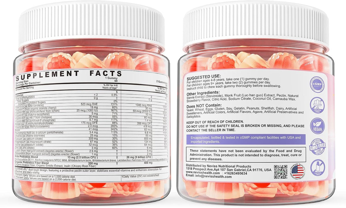 Kids Multivitamin Gummies + Calcium, Probiotics, Vitamin D3, C, Methylated B12 & Methylfolate, B6, A, K2, E, Zinc, Prebiotics for Children Ages 4+, Clean & Sugar Free, for Nutritional Support, 60 Cts - görsel 9