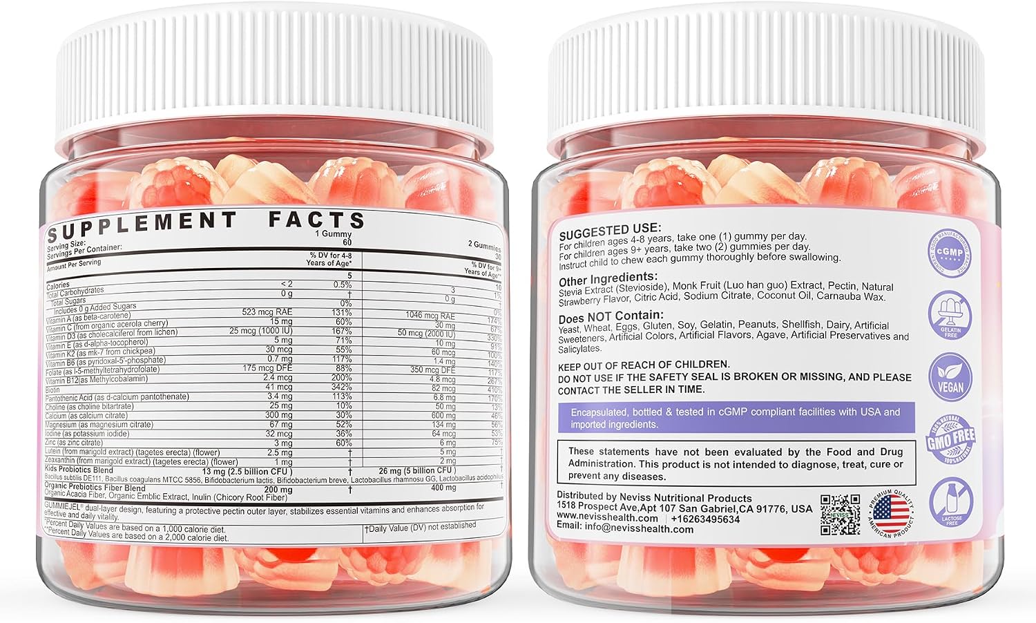 Kids Multivitamin Gummies + Calcium, Probiotics, Vitamin D3, C, Methylated B12 & Methylfolate, B6, A, K2, E, Zinc, Prebiotics for Children Ages 4+, Clean & Sugar Free, for Nutritional Support, 60 Cts - görsel 9