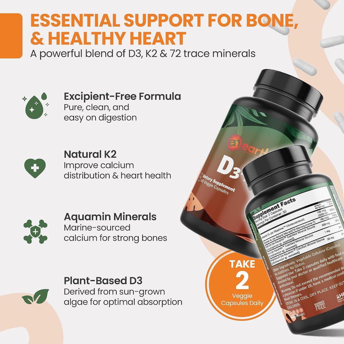 EarthNutri Vitamin D3 Plus K2 Supplement - 5000 IU with MenaQ7 K2, Vitashine D3 & Aquamin Calcium - Non-GMO - görsel 7