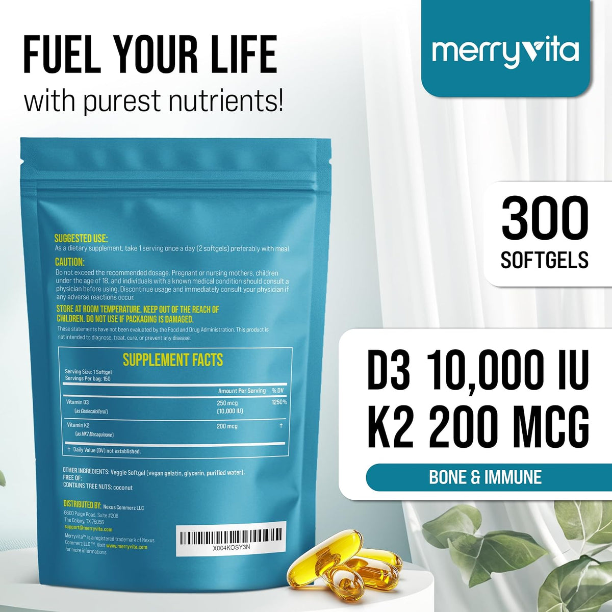 MERRY VITA Vitamin D3 K2 300 Soft gel capsules – 10,000 IU & 200 MCG K2 MK7 – Plant-Based, Vegan, Non-GMO, Gluten-free – Coconut Oil – Immune, Bone and Muscle Support - görsel 2
