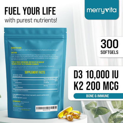 MERRY VITA Vitamin D3 K2 300 Soft gel capsules – 10,000 IU & 200 MCG K2 MK7 – Plant-Based, Vegan, Non-GMO, Gluten-free – Coconut Oil – Immune, Bone and Muscle Support