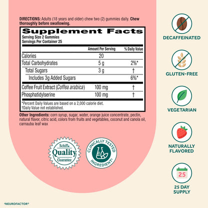 NEURIVA Original Brain Gummies with Phosphatidylserine and Neurofactor, Caffeine Free, Strawberry, 50 Count