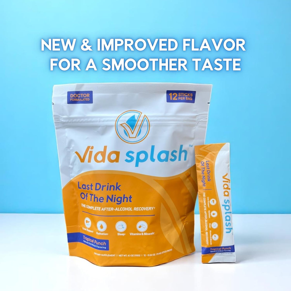 Vida Splash After-Alcohol Recovery Drink Mix, Tropical Punch Flavour, 12 Stick Packs - görsel 2