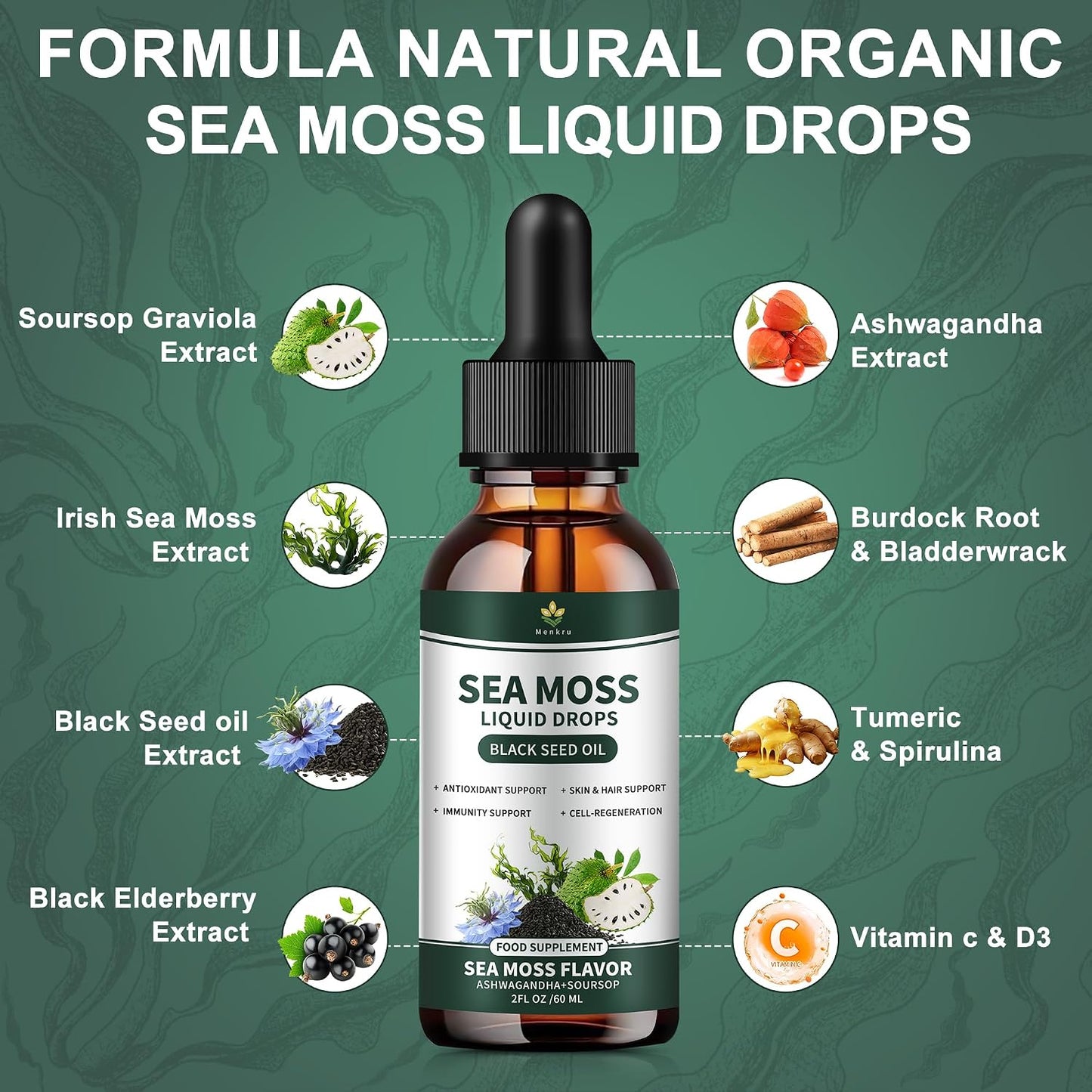 (2 Pack) Sea Moss Liquid Drops with Black Seed Oil, Soursop Bitters, and Irish Seaweed Gel - görsel 2