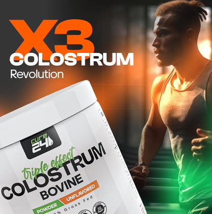 Cure24 Bovine Colostrum X3 Powder - Grass Fed, High IgG, Probiotic & Prebiotic, Unflavoured