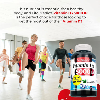 FITO MEDIC'S Vitamin D3 5000 IU - 360 Softgels for Immune and Bone Health Support