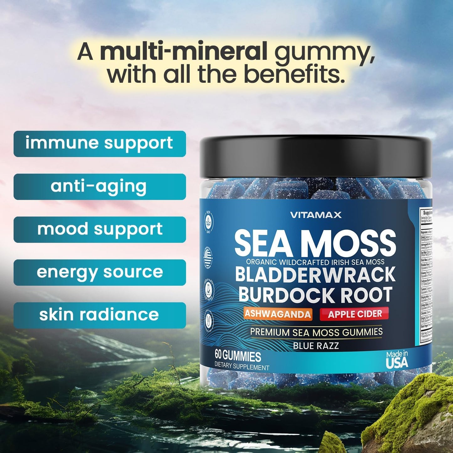 Vitamax Irish Sea Moss Gummies – Multi-Mineral Supplement with Sea Moss, Bladderwrack, Ashwagandha, Burdock Root & ACV – 60ct - görsel 4