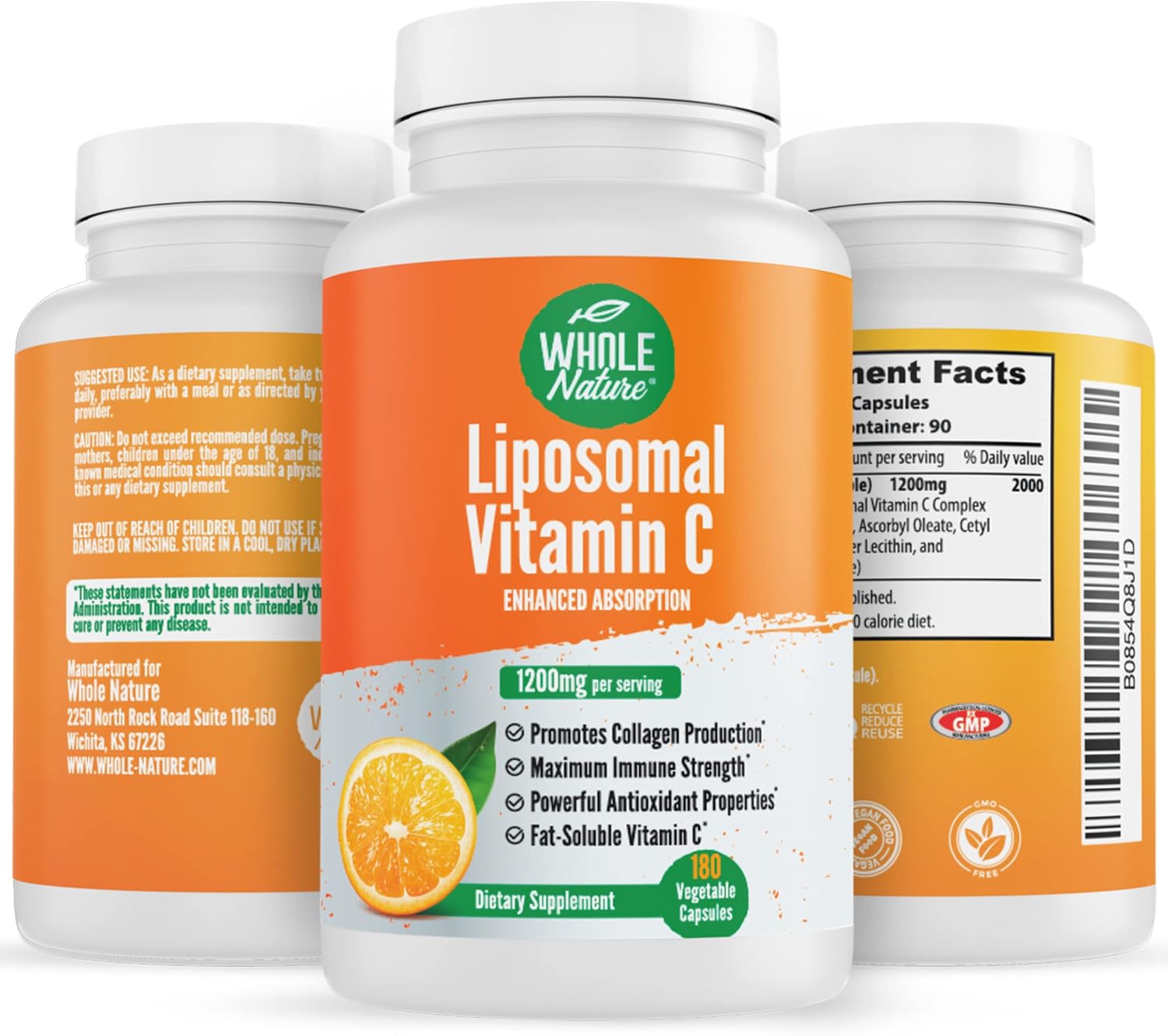 Whole Nature Liposomal Vitamin C 1200mg - High Absorption Vegan Capsules with Sunflower Lecithin - 180 Capsules - görsel 8