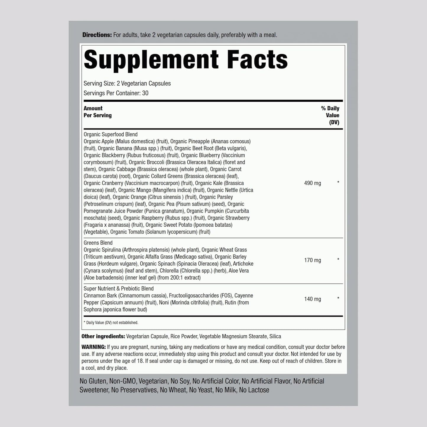 Piping Rock Fruits and Veggies Food Supplement | 60 Capsules | Superfood Vitamins | with Antioxidant Formula and Prebiotic Blend | Vegan, Non-GMO, Gluten-Free - görsel 2