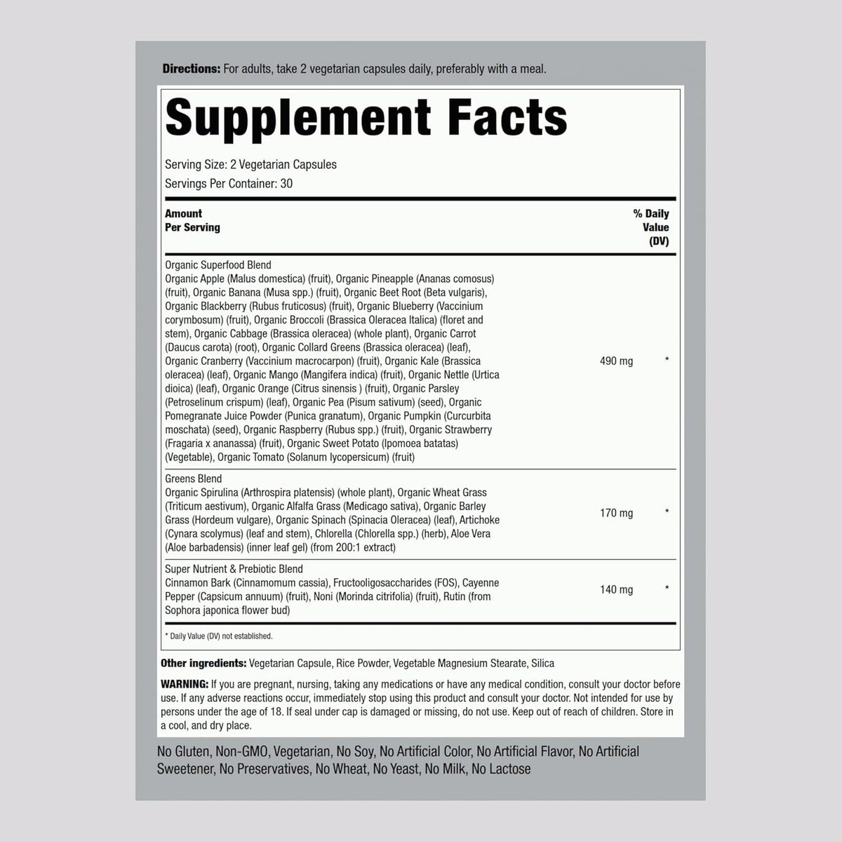 Piping Rock Fruits and Veggies Food Supplement | 60 Capsules | Superfood Vitamins | with Antioxidant Formula and Prebiotic Blend | Vegan, Non-GMO, Gluten-Free - görsel 2