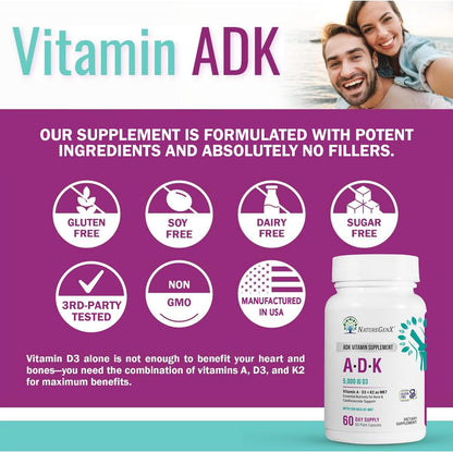 NatureGenX ADK Vitamin Supplement – Vitamins A, D3 & K2 MK-7 for Bone Health & Calcium Absorption – Gluten-Free, Non-GMO, Soya-Free – 60 Capsules (2-Month Supply)