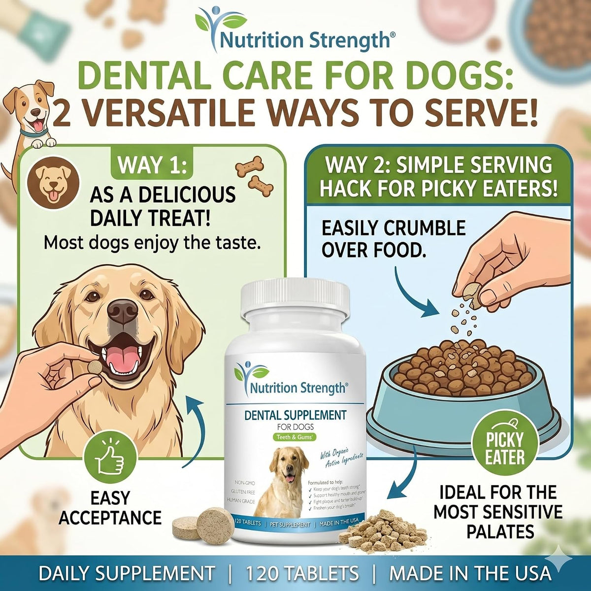 Nutrition Strength Dental Care for Dogs - Natural Plaque and Tartar Remover for Teeth - Breath Freshening Dog Supplement with Organic Kelp, Strawberry Leaf and Pumpkin Seed for Gum Health - 120 Tablets - görsel 7