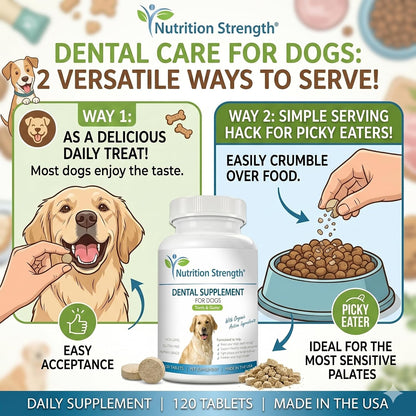 Nutrition Strength Dental Care for Dogs - Natural Plaque and Tartar Remover for Teeth - Breath Freshening Dog Supplement with Organic Kelp, Strawberry Leaf and Pumpkin Seed for Gum Health - 120 Tablets