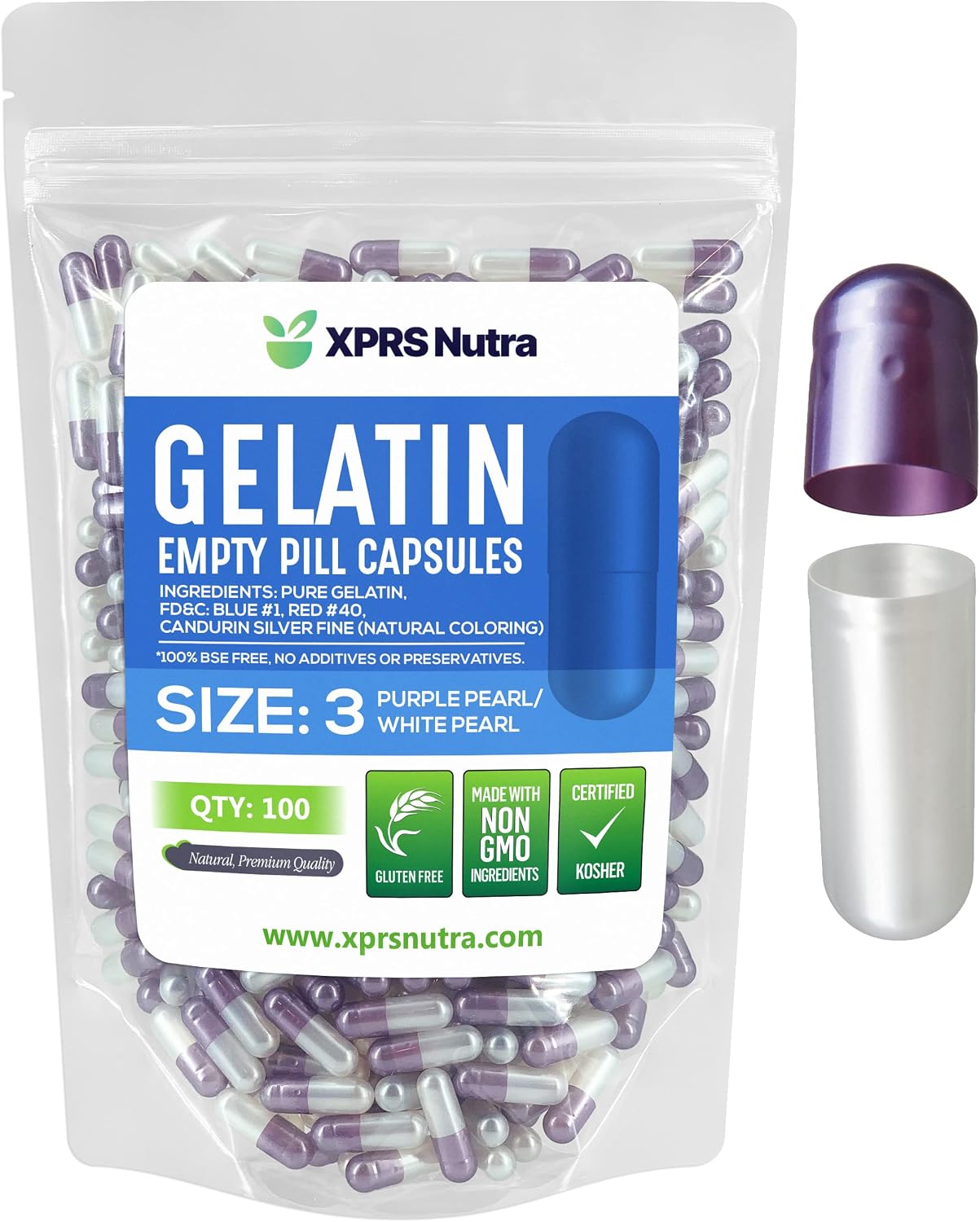 XPRS Nutra Size 3 Empty Gelatine Capsules – 100 Count for DIY Supplement Filling (Pearl Purple & White) - görsel 1