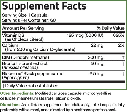 Bronson DIM Balance+ - Food Supplement with DIM, Calcium D-Glucarate, Broccoli Sprout & Vitamin D3 (60 Vegetarian Capsules)