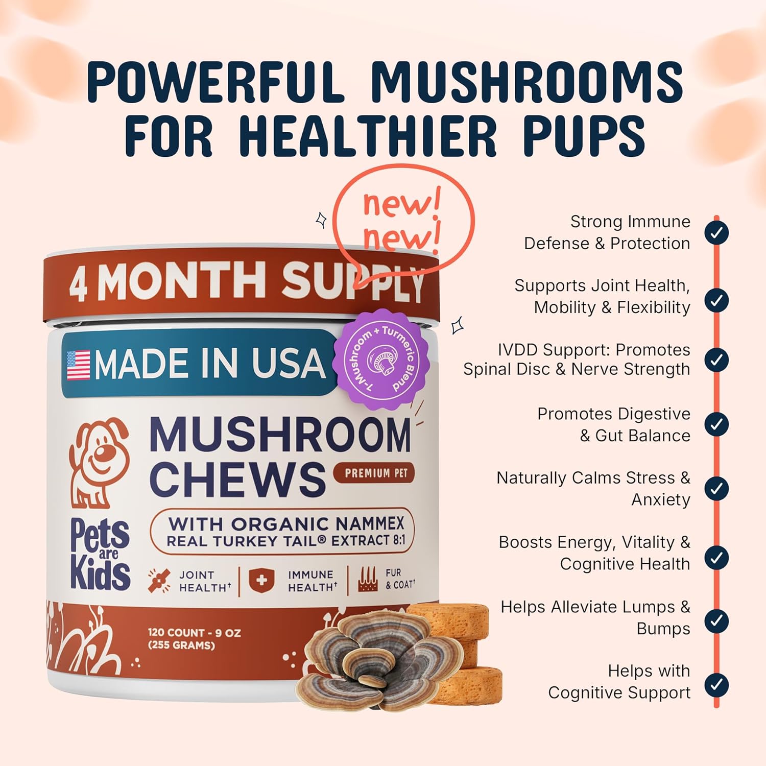 Turkey Tail Mushroom Chews for Dogs with Organic Real Turkey Tail™ – 8:1 Extract Blend (120 Chews) - görsel 2