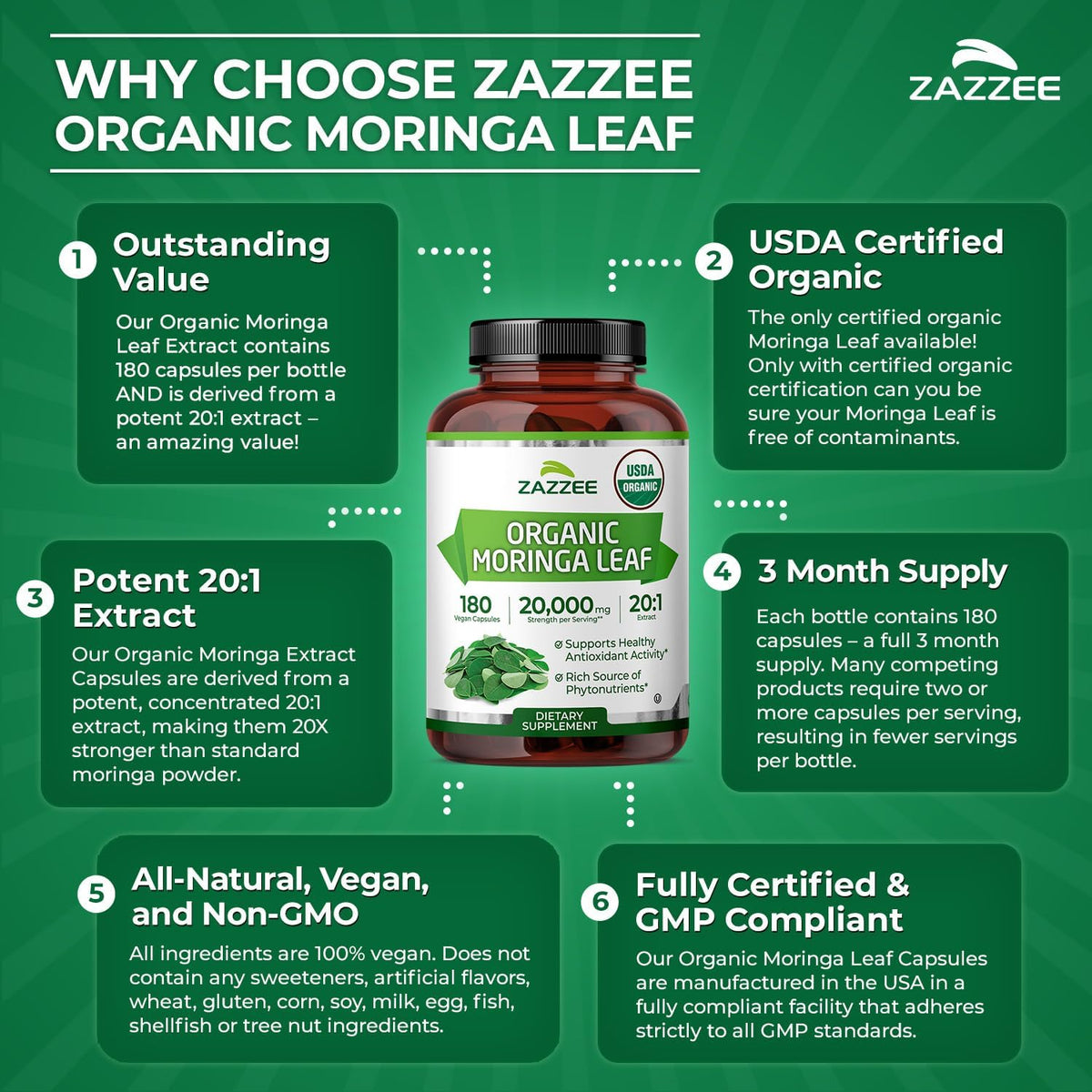Zazzee Certified Organic Moringa Leaf 20:1 Extract - 180 Vegan Capsules - görsel 7