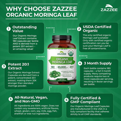 Zazzee Certified Organic Moringa Leaf 20:1 Extract - 180 Vegan Capsules