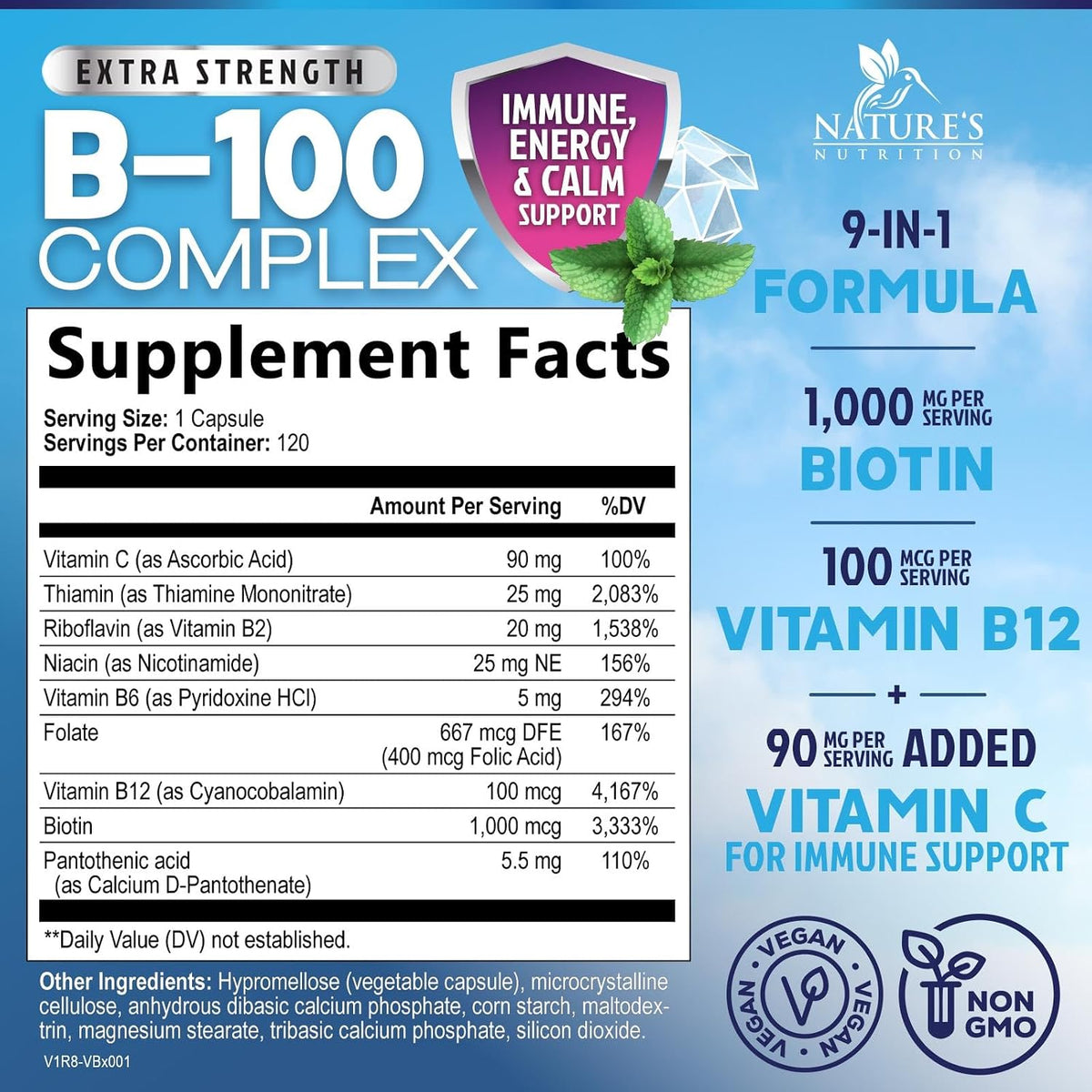 B Complex Vitamins Capsules - Super Complete B-100 Complex with Vitamin B12, B6, C, Biotin, Folate & Folic Acid for Immune & Energy Support - Food Supplement for Heart, Brain & Nerve Support - 120 Capsules - görsel 2